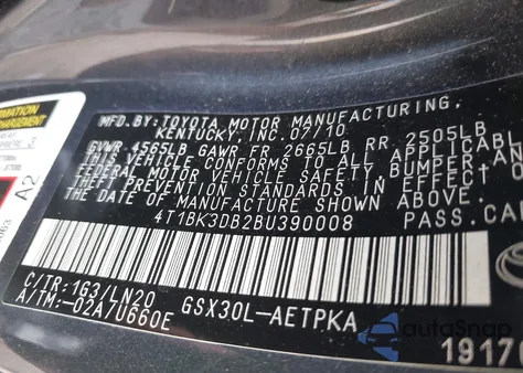 2011 Toyota Avalon Limited z USA, uszkodzony, nr VIN 4T1BK3DB2BU390008